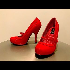 Pleaser red patent leather Mary Jane pumps
